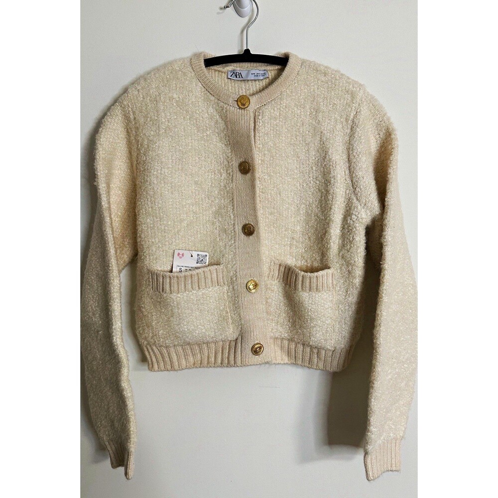 Zara Ecru Boucle Knit Cardigan Gold Button Sweater Small NWOT